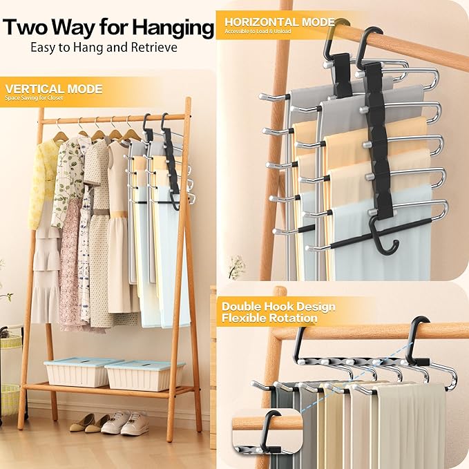 Pants Hangers Space Saving - 2 Pack Closet Organizer and Storage Jean Hangers, Stainless Steel Anti-Slip Clothes Hanger Scarf Holder for Pants Jeans Leggings Trousers Pant Rack, Black