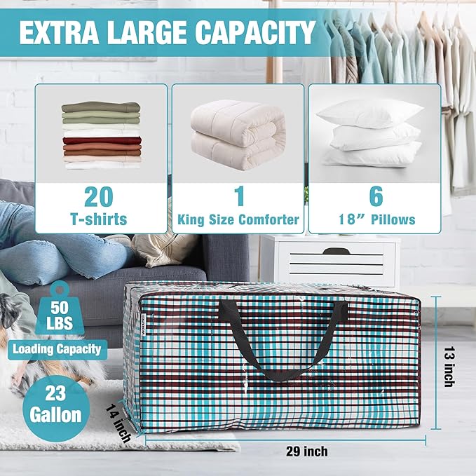 WORKPRO 6 Pack Extra Large Moving Bags with Zippers & Carrying Handles Backpack Straps, Heavy-Duty Storage Tote for Space Saving & Storage, Alternative to Moving Box (Lattice Printing)