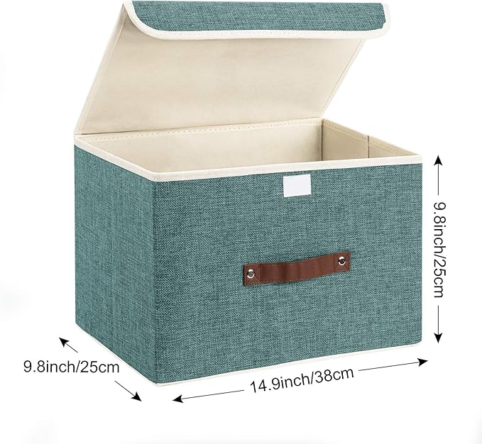 TYEERS Collapsible Storage Boxes, Washable Fabric Storage Bins with Lids, 14.9x9.8x9.8 inches, 2 Pack, Aqua Deep