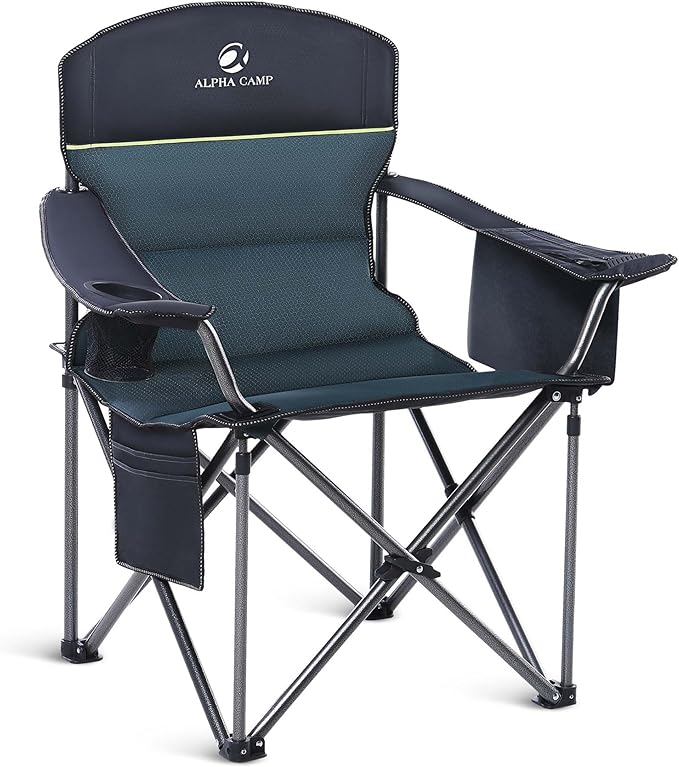 ALPHA CAMP Oversized Camping Chair Heavy Duty Lawn Chair with Cooler Bag Support 450 LBS Steel Frame Collapsible Padded Arm Quad Lumbar Back Folding Chair for Lawn Outdoor