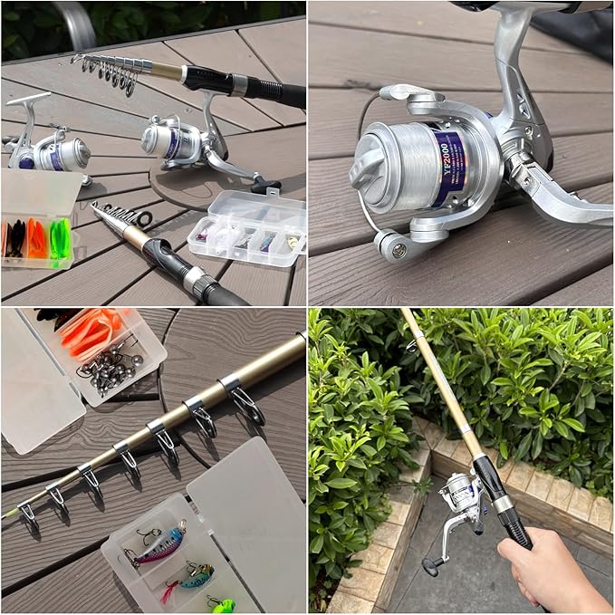Fishing Pole Set Fishing Rod and Reel Combo,2PCS 1.9M/2.1M Collapsible Fishing Rod Set with 2 PCS Spinning Reels 2 Set of Lures Baits and a Carrier Bag,Prefect for Fishing Travel
