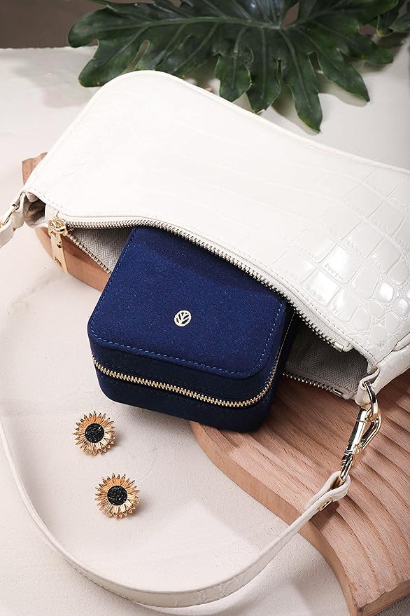 S.Leaf Travel Jewelry Organizer Travel Jewelry Boxes for Women Small Jewelry Travel Case Box Portable Travel Jewelry Case Travel Case Mini Jewelry (06_Suede_Touch_Navy)