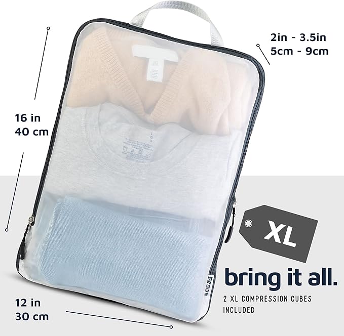 Large Packing Cube Set with See Through Mesh- Compression Packing Cubes Travel Organizers by TRIPPED Travel Gear (White)