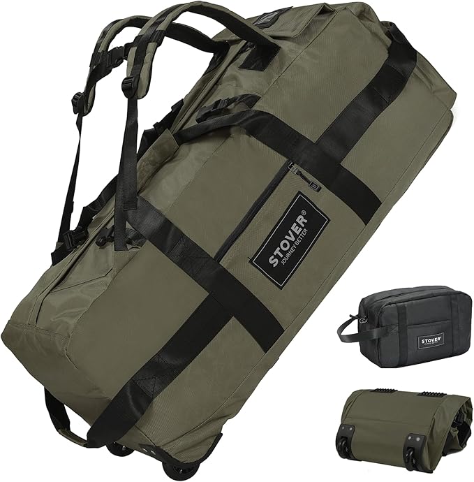 STOVER 100L Rolling Duffel Bag with Wheels, X-Large 35 Inch Durable Travel Duffle + Toiletry Bag, Heavy Duty, Packable w/Shoulder Straps- Use as Luggage or Backpack, Men/Women (Green)