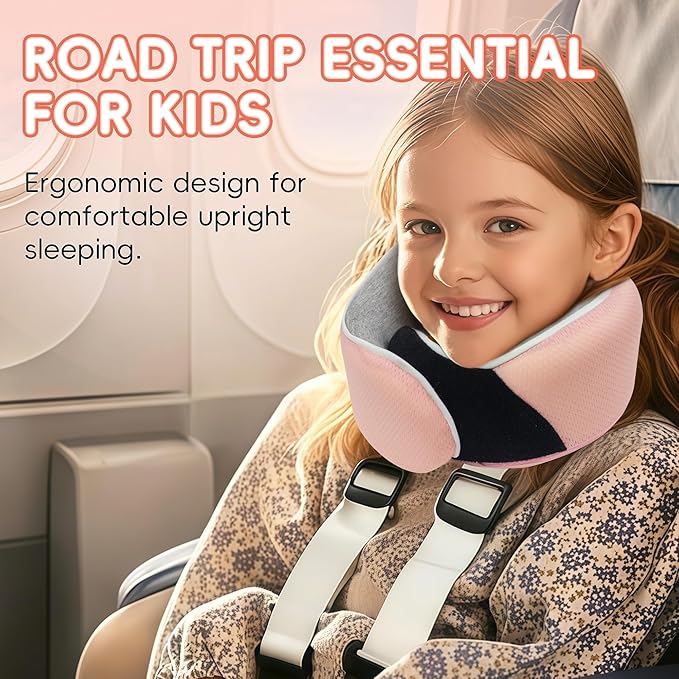 Junior Kids Travel Neck Pillow - Ergonomic Memory Foam Pillow for Airplane, Car, Booster Seat - Soft, Washable, Compact Travel Pillow with Strap - Light Pink - Ages 4-13