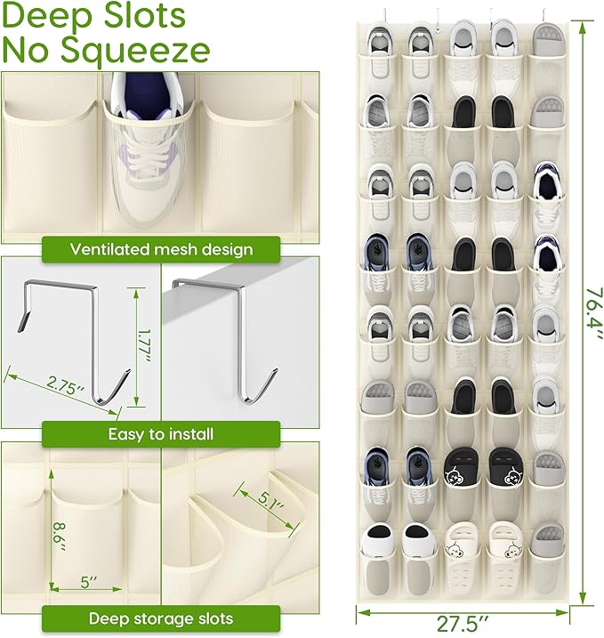 Unjumbly Over the Door Shoe Organizer with 40 Large Breathable Mesh Pockets, Space Saving Shoe Holder, Hanging Shoe Rack for Entryway Bedroom Closet Storage (Beige, 40 Pockets)