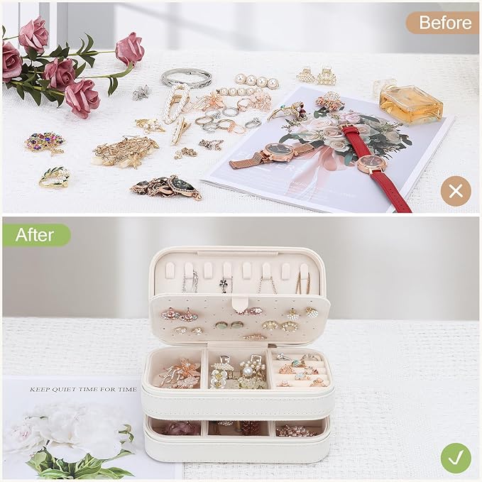DesignSter Small Travel Jewelry Box with Double Zipper, 2 Layers PU Portable Jewelry Case for Women and Girls,Travel Jewelry Organizer for Rings, Earrings, Necklaces, Bracelets,Beige