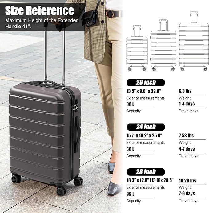 Coolife Luggage Suitcase Carry-on Spinner TSA Lock USB Port Expandable (only 28’’) Lightweight Hardside Luggage (Silver, 3 piece set)