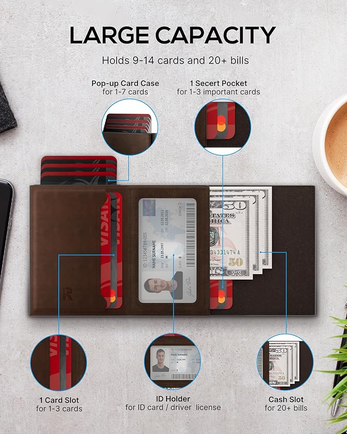 Mens Wallet with AirTag Holder: Smart Wallet Compatible with Apple AirTag, Pop Up Card Case, Top Grain Leather, RFID Blocking, Slim, Minimalist, 9-14 Card Capacity | ID Window | Cash Slot (Brown)