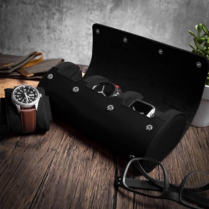 Barton Leather Watch Roll for 3 Watches | Convenient Organizer Case for Travel & Storage | Fits Classic & Smart Watches (Up to 46mm) | Compact, Durable, Lightweight, Stylish - Black
