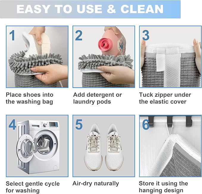Shoe Washing Machine Bag – 360° Deep Clean Sneaker Laundry Bag with Cleaning Fibers and Zipper, Reusable Shoe Bag for Washing Machine, 2 Pack