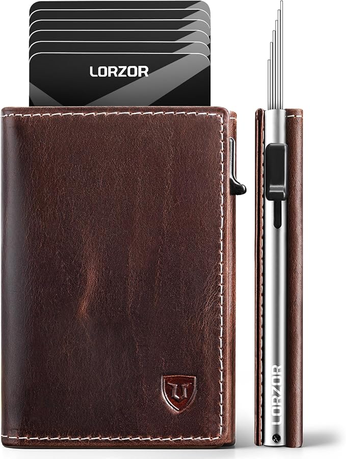 LORZOR Wallet for Men with Metal Card Holder, Pop Up Wallet, Finest Full Grain Leather Trifold Wallet, Smart, Minimalist, RFID Blocking, Front Pocket, ID Window, VintageBrown/Silver