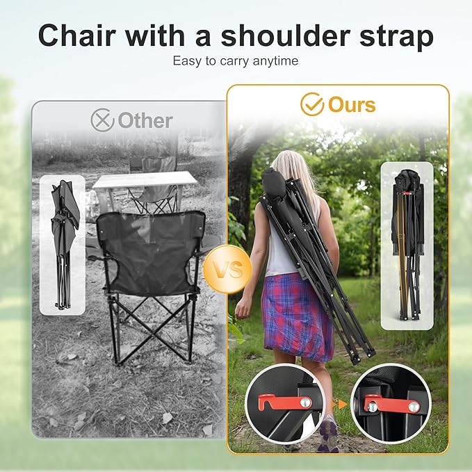 LET'S CAMP Oversized Camping Chairs 29.52" High Back Heavy Duty Lawn Chair Support 500LBS, Portable Collapsible Chair with Cup Holder, Side Pocket,2 Pack(Black)