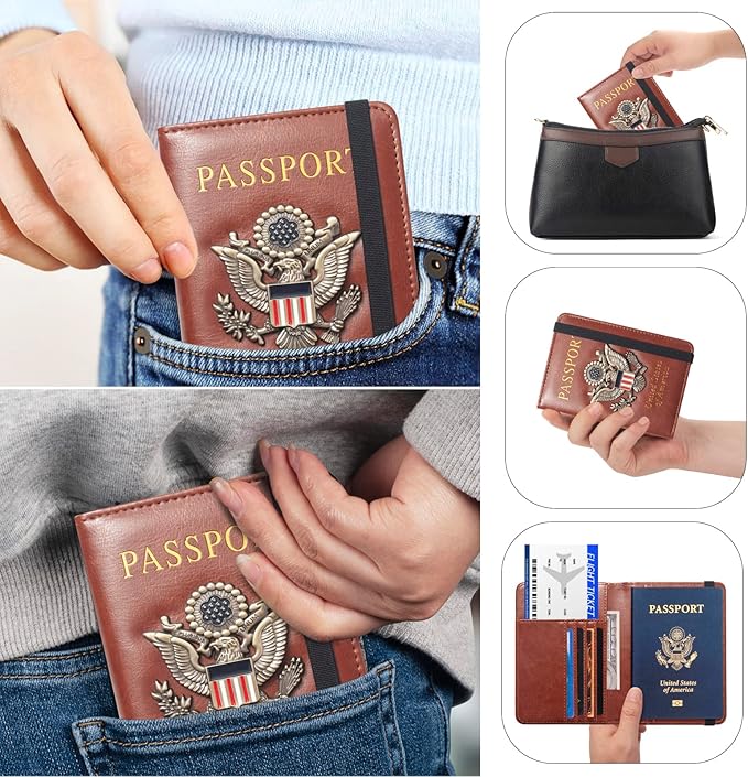 Passport Holder for Travel Passport Cover for Men Passport Wallet Case With 3D Metal Badge Protector Leather Card Case RFID Blocking Women Travel Accessories Document Organizer (Brown)