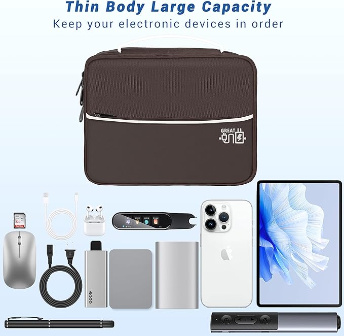 Electronics Organizer,Travel Cord Organizer Pouch, Portable Cable Organizer Bags, Waterproof Electronic Accessories Storage Case for Cables, Cords, Charger, Phone (Double Layer-Brown)