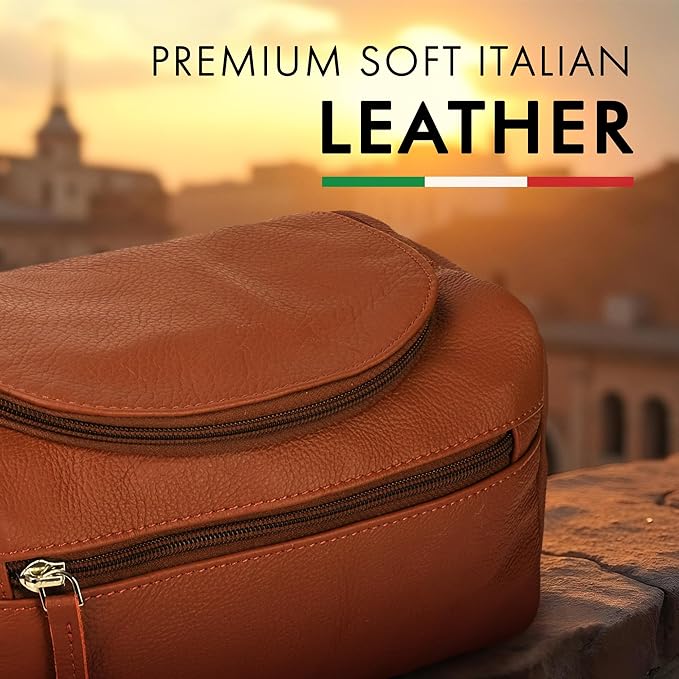 ELIZO Premium REAL Leather Toiletry Bag for Men Dopp Kitt Hanging Mens Toiletry Large TSA Toiletries Bag Shaving Grooming Bag Organizer Espresso (Tuscan, Large)