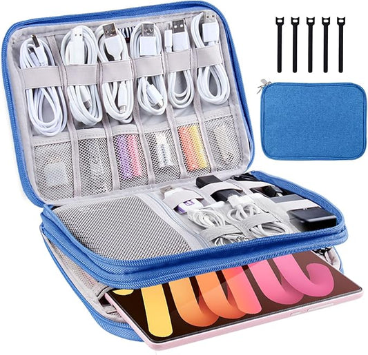 Electronics Organizer - Travel Cable Organizer Bag, Water Resistant Double Layers Pouch for Cord, iPhone, iPad Mini - Gift for Men Electronic Accessories Storage Case with 5 Cable Ties, Blue
