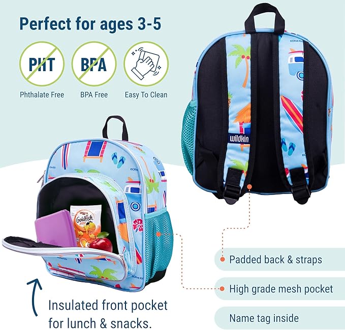Wildkin 12-inch Kids Backpack – Padded, Adjustable, Ideal for Daycare & Travel - Surf Shack