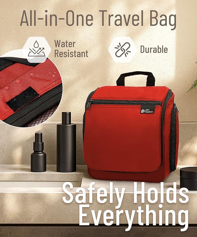 D&D Hanging Travel Toiletry Bag for Men and Women – Large Cosmetics, Makeup and Toiletries Organizer Kit with 10 Compartments, YKK Zippers, XXL Metal Swivel Hook, Water-Resistant Nylon