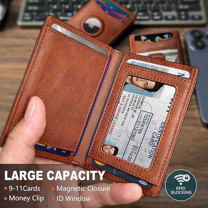 Airtag Wallet for Men- with Money Clip Gift Boxed, Magnetic Closure Slim Genuine Leather Front Pocket Wallet, 4.1"x 2.8", RFID Blocking