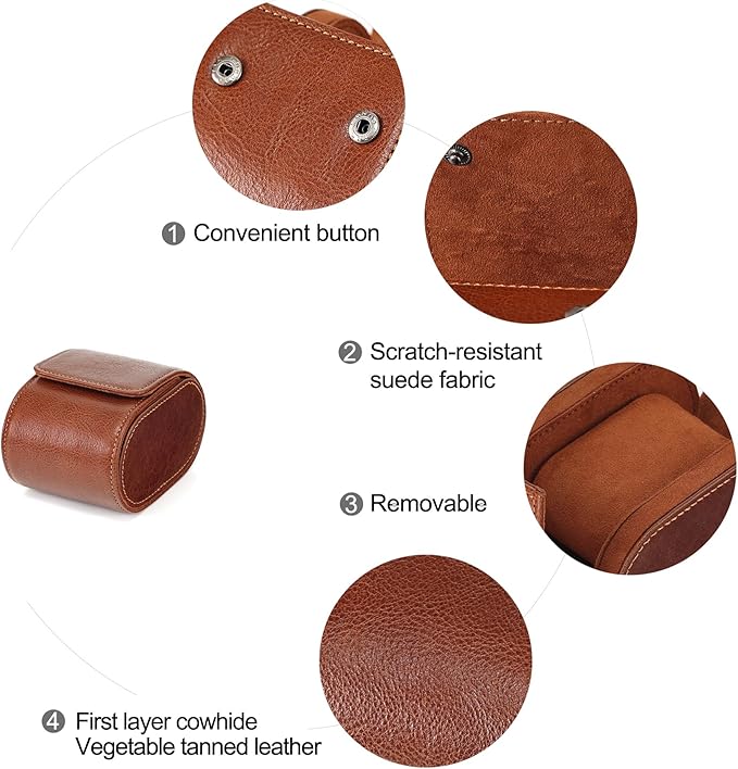 JOYIR Single Watch Roll for Travel | Genuine Leather Watch Pouch Case with Pillow | Portable Protective Sleeve for Men & Women | Ideal Gift for Watch Lovers, Father's Day