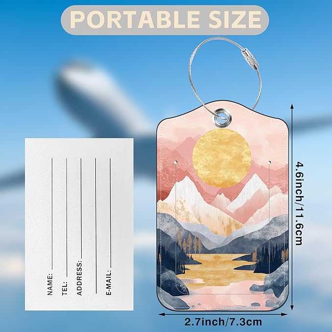 2 Pack Luggage Tags for Suitcases Abstract Pink Mountain Sun Landscape Leather Luggage Tags Privacy Cover ID Label with Stainless Steel Loop and Address Card for Women Men Travel Bag Backpack