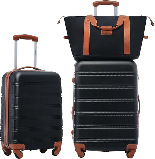 Merax Luggage sets of 3 Piece 20 24 IN Carry on Luggage Hard Case Black and Brown Luggage Expandable Checked Luggage Suitcase Set with Wheels