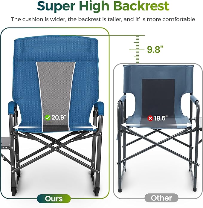ALPHA CAMP Oversized Folding Camping Chairs High Backrest Reclining Director Heavy Duty Lawn Chairs for Adults Support 300 LBS Fishing Chairs with Large Side Table Cup Holders for Outdoor Fishing