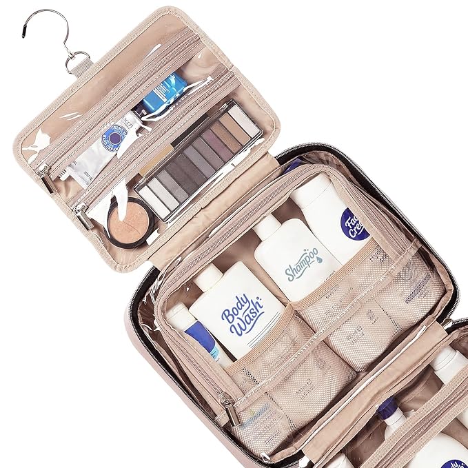 NISHEL Travel Toiletry Bag for women, Portable Hanging Organizer for Full-Sized Shampoo, Conditioner, Brushes Set, Makeup Accessories, Large Size, Pink