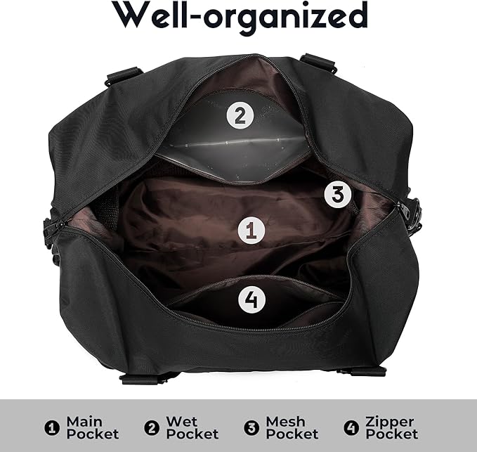 SUNNY BIRD Duffel with Utility Pouch, 40L Weekender Overnight Bag with Shoe Compartment for Travel and Sports (Black)