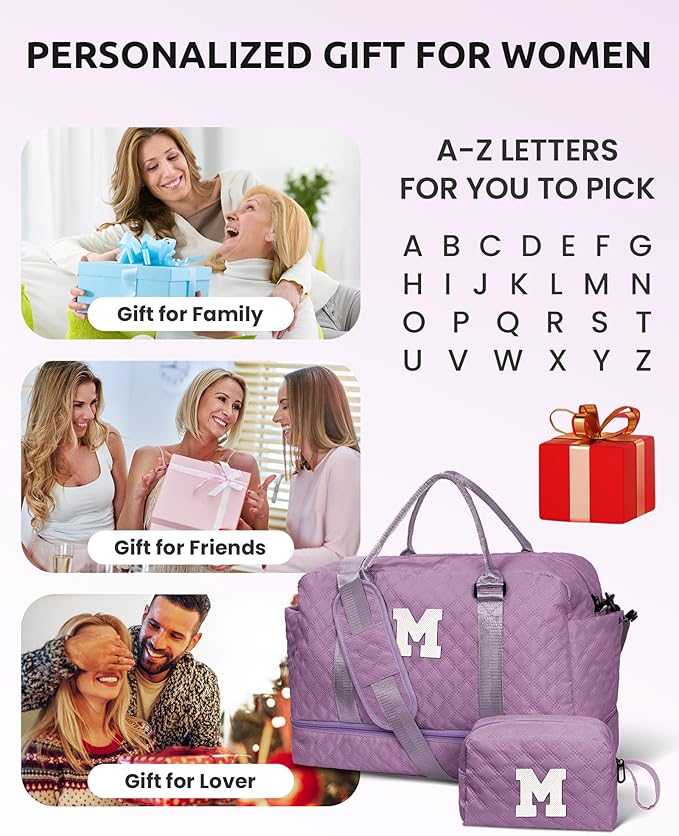 Gift for Women-Initial Teenage Girl Duffle Bag with Shoe Compartment, Personalized Weekender Bag, Monogram Overnight Bag for Kids, Letter Travel Bag with Makeup Bag, Gift for Women (Letter A)