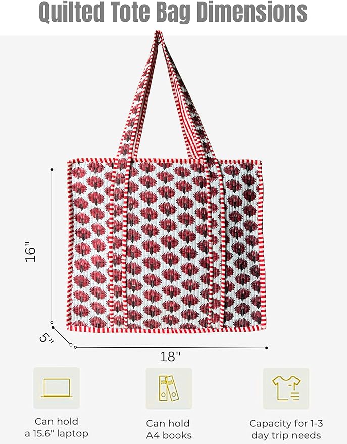 Cotton Quilted Tote Bag for Women – Large Beach & Travel Tote with Zipper, Reusable Grocery Bag