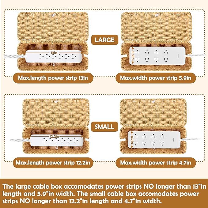 2PCS Cable Management Box, Handmade Rattan Cable Organizer, Open Slots Cords Hider Box, Under Desk Cord Organizer for Computer Router USB Hub & Power Strip