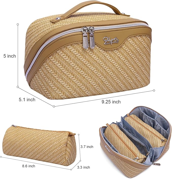 BOYATU Travel Makeup Bags for Women: Large Cosmetic Bag Waterproof - Vegan Leather Make up Bag Set of 3 - Compact Toiletry Organizer with Compartments & Handle & Divider (Z-Brown)