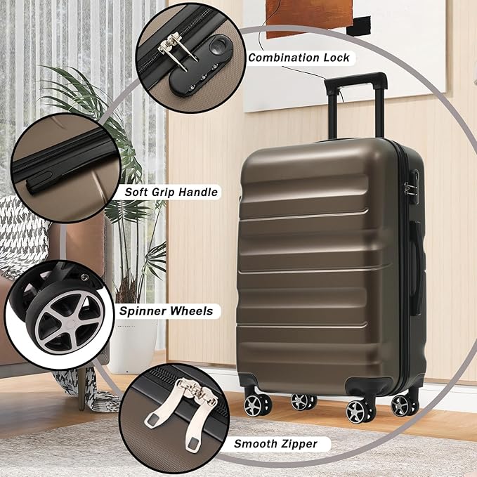 Merax 28 Inch Luggage Hardshell ABS Suitcase with 8 Silent Spinner Wheels Lightweight Durable Travel Checked Luggage for Long Trips Brown