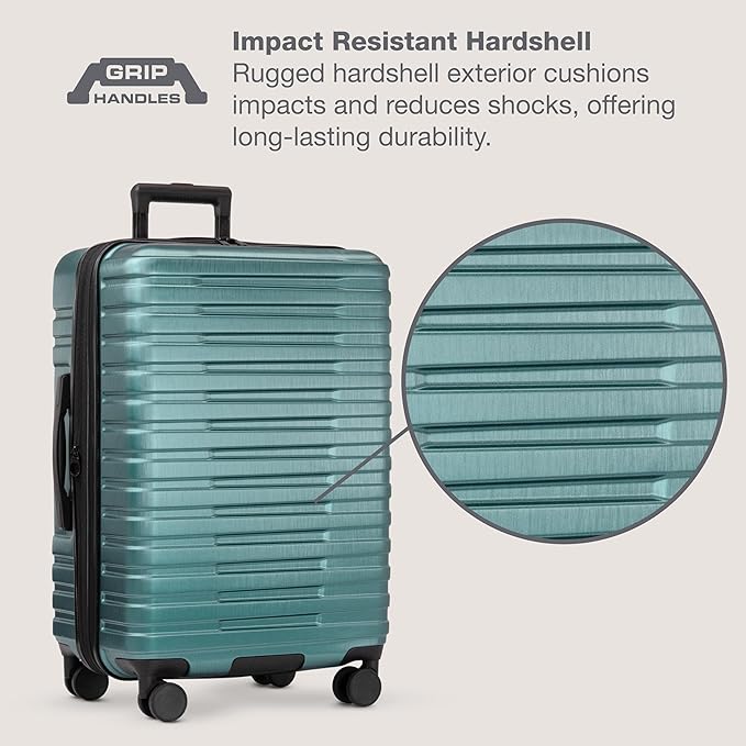 U.S. Traveler Boren Polycarbonate Hardside Rugged Travel Suitcase Luggage with 8 Spinner Wheels, Aluminum Handle, Teal, Checked-Medium 26-Inch