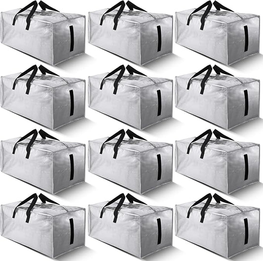 12 Pack Large Strong Moving Bags with Zippers & Carrying Handles - Water-Resistant - Heavy Duty Storage Tote for Space Saving Moving Storage, Fold Flat, Alternative to Moving Box (Silver)