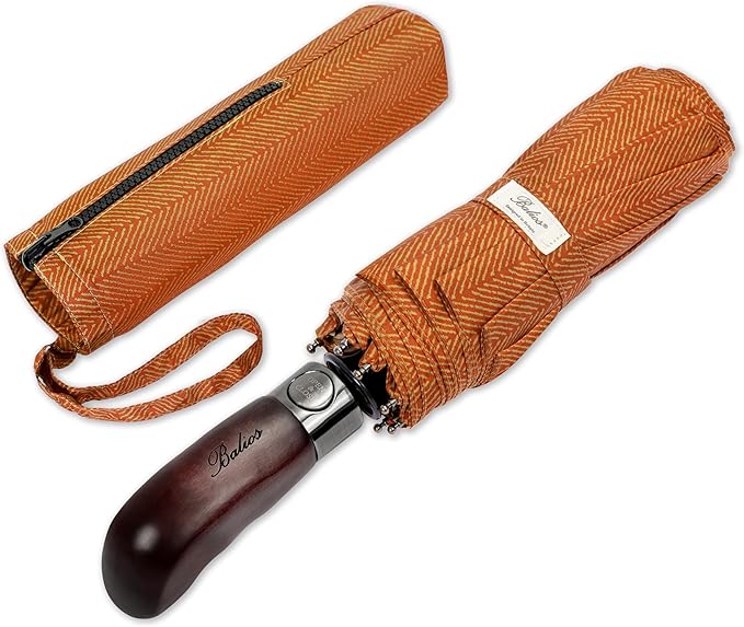 Balios Travel Folding Umbrella with Real Wood Handle Auto Open Close Vented Windproof Canopy - Designed in UK