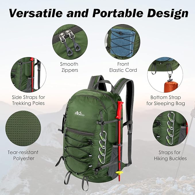 MoKo Hiking Backpack, 40L Large Capacity Camping Backpack with Multiple Pockets, Tear-Resistant Travel Daypack for Men Women, Packable and Lightweight Hiking Daypack for Travel Camping Outdoor, Olive