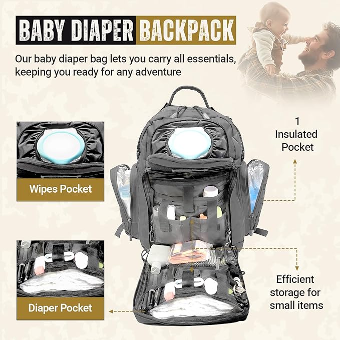 HighSpeedDaddy - Baby Diaper Backpack, Military-Grade, Waterproof, Compact Baby Travel Bag with Diaper Changing Mat