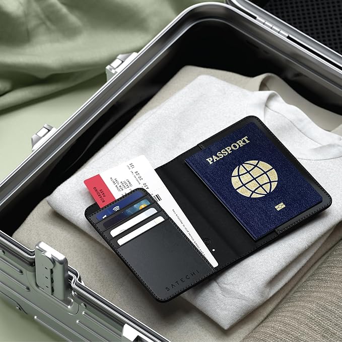 Satechi Passport Holder for Travel with Find My, Passport Cover with 4 Card Holder, Wireless Charging, and RFID protection – Travel Essential Vegan Leather Passport Holder – Black