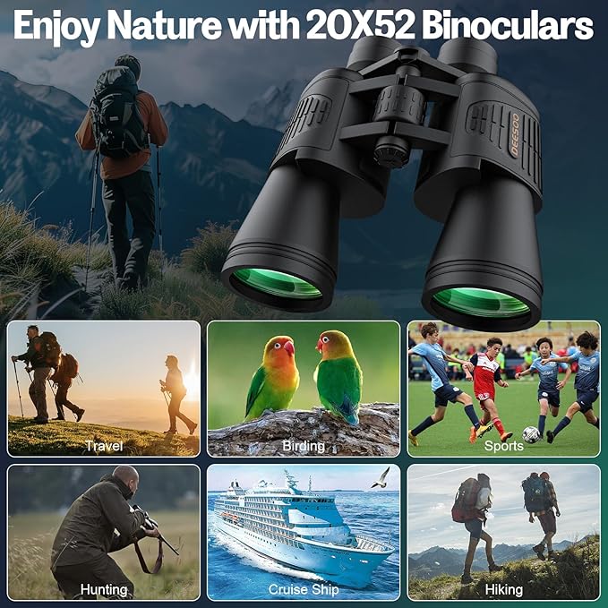 20x52 Binoculars for Adults High Powered - HD Large View Binoculars with Low Light Vision - Professional Binocular for Bird Watching Hunting Travel Cruise Outdoor Sports with Carrying Bag
