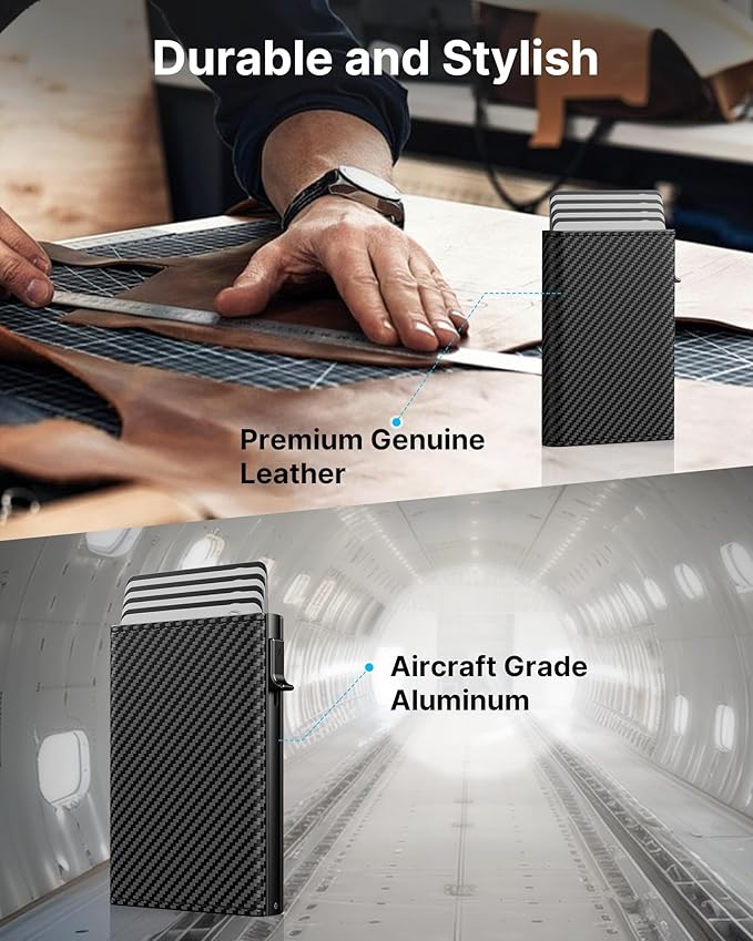 typecase Mens Wallet Card Holder: Pop Up Aluminum Case, Genuine Leather, Smart, RFID Blocking, Slim, Minimalist, Front Pocket - 9-14 Card Capacity | ID Window | Cash Slot (Carbon Fiber Navy)