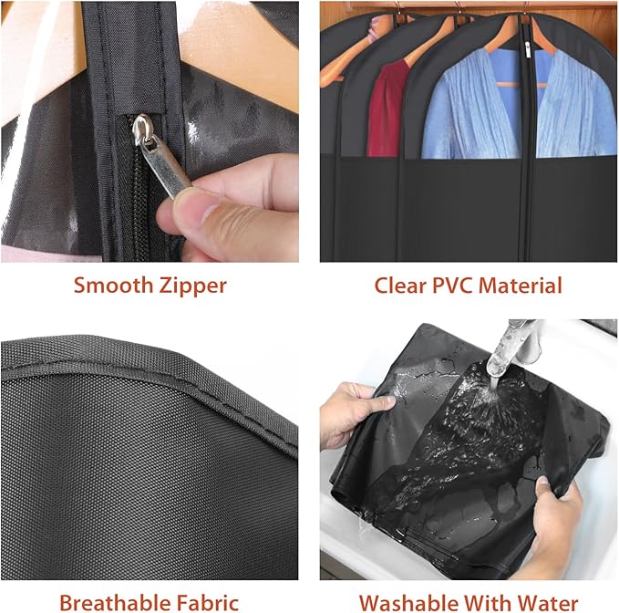 Univivi Long Garment Bags for Hanging Clothes, 54" Dress Bags for Gowns Long for Closet Storage with Large Visible Window for Long Suits, Coats, Dresses, 6 Pack, Black