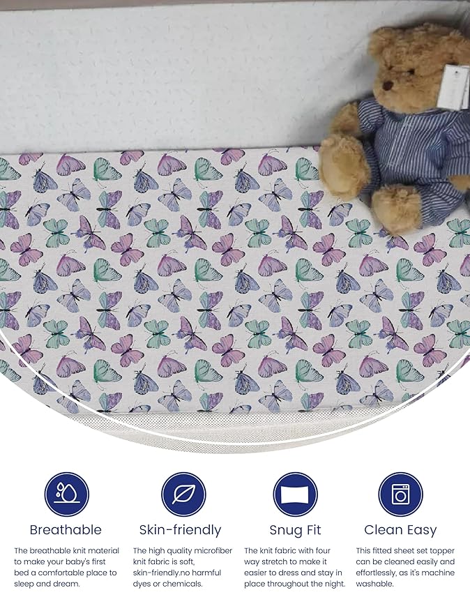 TotAha Premium Soft Pack n Play Sheets, Super Stretchy Jersey Knit Mini Crib Sheets Fitted, Silky Comfort Graco Pack and Play Mattress Sheets 2-Pack, Purple Butterfly