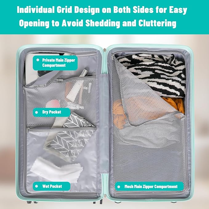 Carry-on 20 Inch and 28 Inch Square Thickened ABS+PC Hard Shell luggage, 2-Piece Suitcase Set with TSA Lock & Dual Zipper Mesh Inner Layer Design, Mint Green