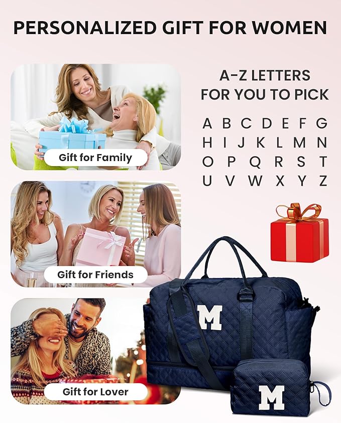 Gifts for Teen-Girls-Initial Duffle Bag with Shoe Compartment, Personalized Weekender Bag, Monogram Overnight Bag, Travel Bag with Makeup Bag，Birthday Gift Graduate Gifts for Her (Letter H)