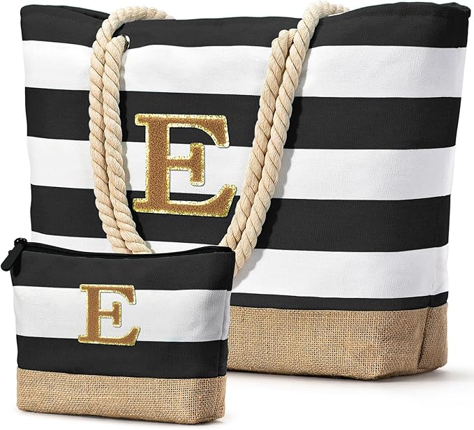 Becokan Beach Bag Initial Beach Tote with Makeup Bag for Travel Work Storage Personalized Birthday Gifts for Women Her