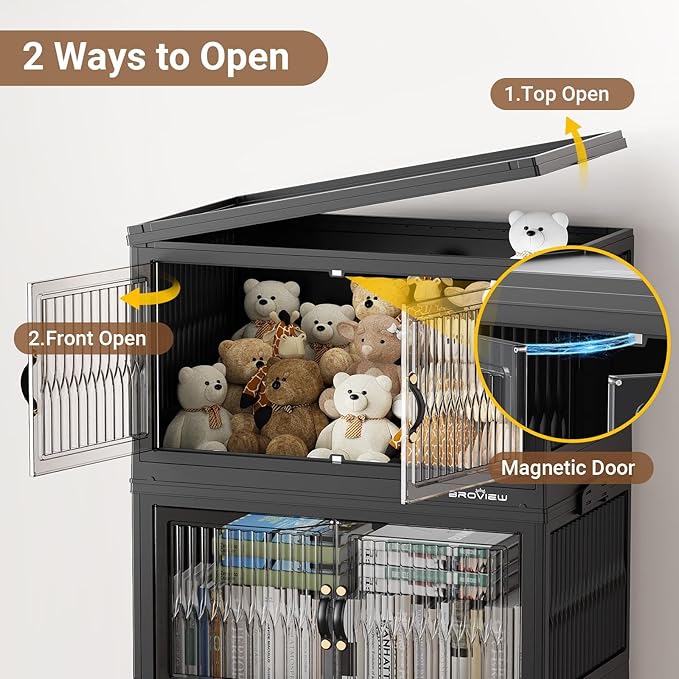 BROVIEW 480Qt Stackable Storage Bins with 4 Lids, Extra Large Closet Organizer Collapsible Drawer Boxes with Wheels, Folding Plastic Cabinet Containers for Home Kitchen Room Organization, 4Pack Black
