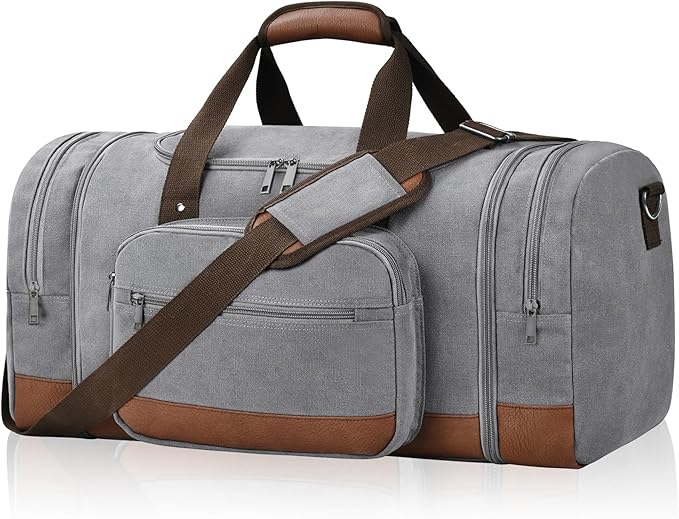 Litvyak Duffle Bag for Travel, Large 60L Canvas Travel Duffel Bags Overnight Weekend Gym Carry On Luggage Bag for Men & Women(Grey)